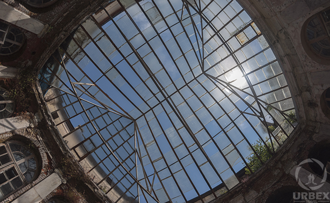 glass roof in abandoned mansion