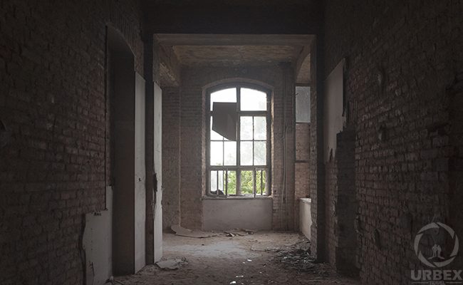 a window in an abandoned brick building